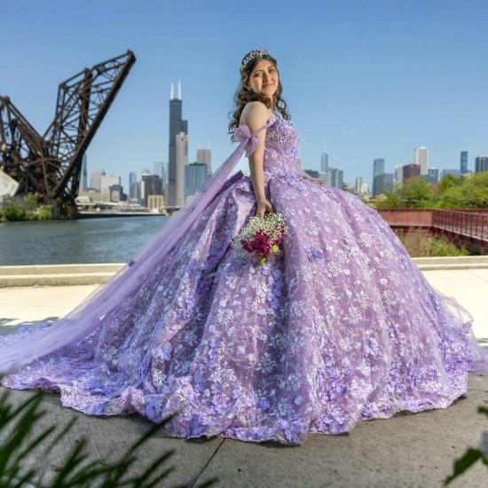 Shiny Lavender Quinceanera Dress 2024 Ball Gown 3D Flower Applique Beaded With Cape Mexican Corset Sweet 16 Vestidos De 15 Anos