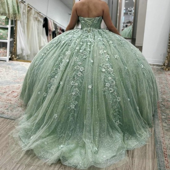 Shiny Mint Green Quinceanera Dress Ball Gown Off The Shoulder Lace Applique Beaded Tull Corset Sweet 16 Vestido De 15 Anos