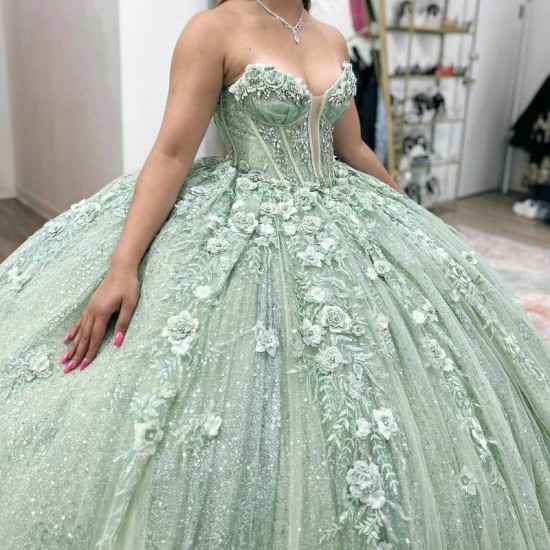 Shiny Mint Green Quinceanera Dress Ball Gown Off The Shoulder Lace Applique Beaded Tull Corset Sweet 16 Vestido De 15 Anos