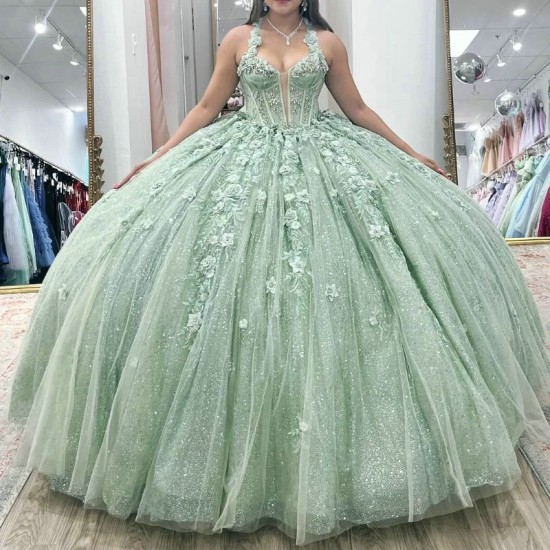 Shiny Mint Green Quinceanera Dress Ball Gown Off The Shoulder Lace Applique Beaded Tull Corset Sweet 16 Vestido De 15 Anos