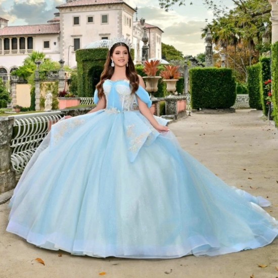 Shiny Princess Ball Gown Sky Blue Quinceanera Dress Classic Appliqué Lace Beads Tull Sweet 16 Dress Corset Vestidos De 15 Anos