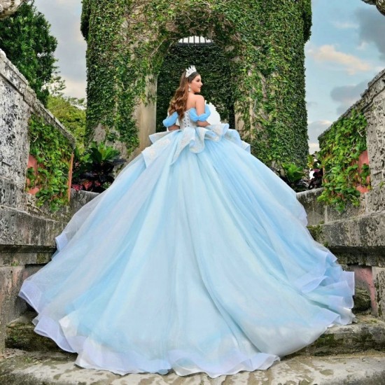 Shiny Princess Ball Gown Sky Blue Quinceanera Dress Classic Appliqué Lace Beads Tull Sweet 16 Dress Corset Vestidos De 15 Anos