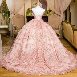 Shiny Princess Pink Quinceanera Dresses Ball Gown Off The Shoulder 3D Floral Lace Beads Tull Corset Sweet 15 Vestidos De XV Anos