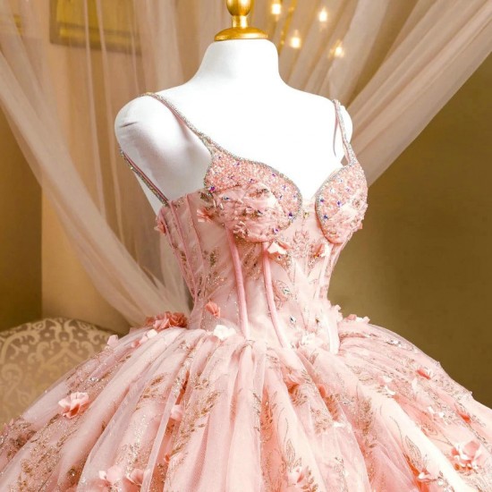 Shiny Princess Pink Quinceanera Dresses Ball Gown Off The Shoulder 3D Floral Lace Beads Tull Corset Sweet 15 Vestidos De XV Anos