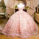 Shiny Princess Pink Quinceanera Dresses Ball Gown Off The Shoulder 3D Floral Lace Beads Tull Corset Sweet 15 Vestidos De XV Anos