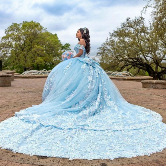 Shiny Princess Sky Blue Quinceanera Dress Ball Gown Elegant Classic Applique Lace Beads Tull Sweet 16 Dress Vestido 15 De