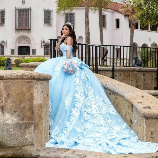 Shiny Princess Sky Blue Quinceanera Dress Ball Gown Elegant Classic Applique Lace Beads Tull Sweet 16 Dress Vestido 15 De