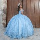 Shiny Princess Sky Blue Quinceanera Dresses Off Shoulder Lace Appliques Crystal Tull Ball Gown Sweet 16 Dresses Vestidos De 15