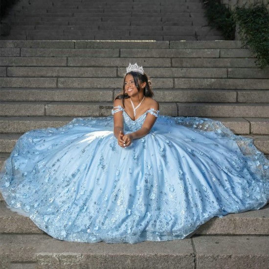 Shiny Princess Sky Blue Quinceanera Dresses Off Shoulder Lace Appliques Crystal Tull Ball Gown Sweet 16 Dresses Vestidos De 15