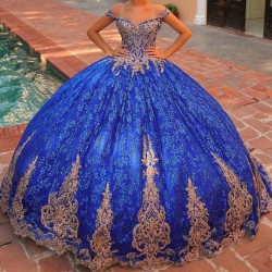 Shiny Royal Blue Mexican Green Quinceanera Dress 2024 Ball Gown Gold Lace Applique Beading Tull Sweet 16 Vestidos De 15 Anos