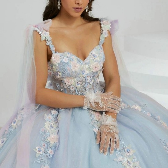 Shiny Sky Blue Quinceanera Dress Ball Gown Lace Applique Beading Tull With Cape Mexico Sweet 16 Vestidos De XV 15 Anos