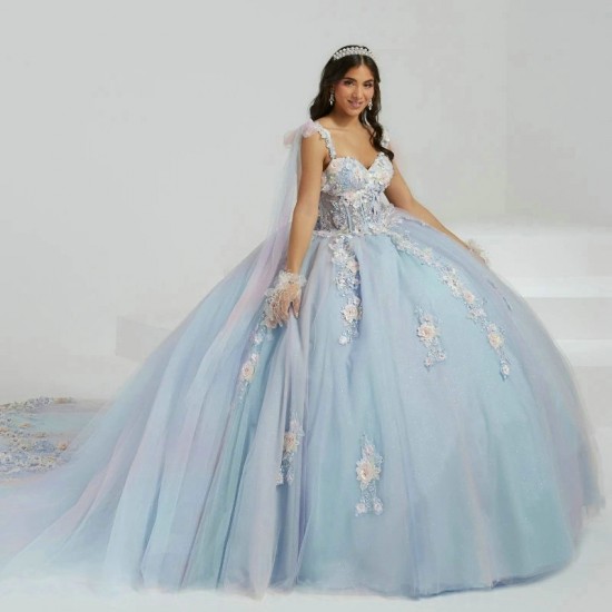 Shiny Sky Blue Quinceanera Dress Ball Gown Lace Applique Beading Tull With Cape Mexico Sweet 16 Vestidos De XV 15 Anos