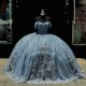 Shiny Sky Blue Quinceanera Dress Party Gown Applique Lace Beads Tull Princess Off The Shoulder Sweet 16 Vestidos 15 De XV