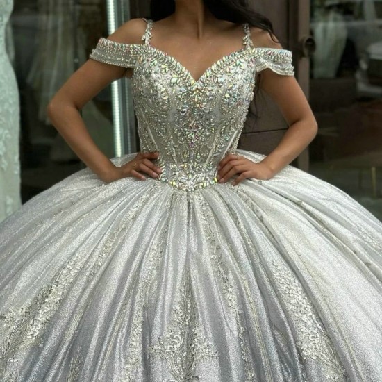 Silvery Sequin Quinceanera Dress Ball Gown Off The Shoulder Applique Lace Beads Crystal Party Dresses Ruffel vestidos de quincea