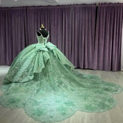 Spaghetti Strap Mint Green Princess Quinceanera Dress Ball Gown Flower Beading Bow Sweet 16 Dress Vestido De 15 Anos