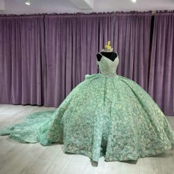 Spaghetti Strap Mint Green Princess Quinceanera Dress Ball Gown Flower Beading Bow Sweet 16 Dress Vestido De 15 Anos