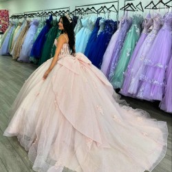 Spaghetti Strap Pink Shiny Quinceanera Dresses Vestido De 15 Anos Sweet 16 Lace Applique Tull Beads XV Birthday Prom Party