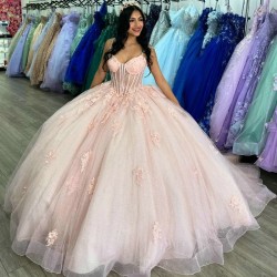 Spaghetti Strap Pink Shiny Quinceanera Dresses Vestido De 15 Anos Sweet 16 Lace Applique Tull Beads XV Birthday Prom Party