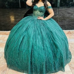 Sparkly Emerald Green Princess Quinceanera Dresses Off Shoulder Beads Crystal Tull Corset vestido 15 de Sweet 16 Gown