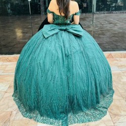 Sparkly Emerald Green Princess Quinceanera Dresses Off Shoulder Beads Crystal Tull Corset vestido 15 de Sweet 16 Gown