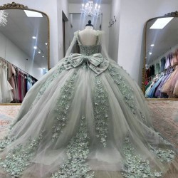 Sparkly Light Green Quinceanera Dresses Puffy Beaded Appliques Sweet 16 Ball Gown Tulle 3D Floral Vestidos XV 15 Anos Prom Gown