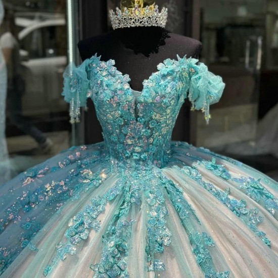 Sparkly Light Green Quincenara Dress Champagne lining Applique Beading Sequin Quinceanera XV Sweet 16 Ball Gown Vestidos De 15