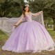 Sparkly Lilac Princess Off Shoulder Quinceanera Dresses Lace Applique Beads Tull With Cape Sweet 16 Ball Gown Vestidos De 15Anos