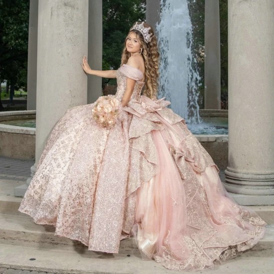 Sparkly Pink Quinceanera Dress Ball Gown Lace Appliques Beading Crystal With Tiered Bow Sweet 16 Vestido De 15 Anos