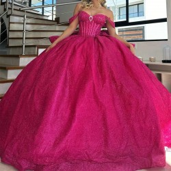 Sparkly Rose Red Princess Quinceanera Dresses Off Shoulder Gillter Beads Crystal Sequins Prom Sweet 16 vestidos 15 de cerimonia