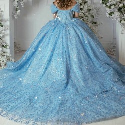 Sparkly Sky Blue Princess Off Shoulder Quinceanera Dresses Sweetheart Beads Crystal Pearls Tull Sweet 16 Ball Gown Vestidos De