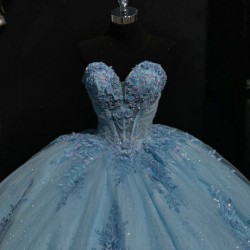 Sparkly Sky Blue Quinceanera Dresses 2024 Off Shoulder Applique Lace Corset vestido 15 anos quinceanera Lace up Sweet 16 Gown