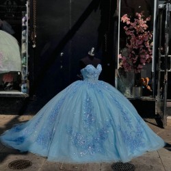 Sparkly Sky Blue Quinceanera Dresses 2024 Off Shoulder Applique Lace Corset vestido 15 anos quinceanera Lace up Sweet 16 Gown