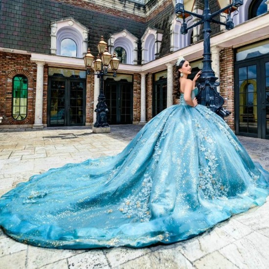 Sparkly Water Blue Ball Gown Quinceanera Dress 2024 Sweetheart Applique Bead Crystal Birthday Party Sweet 15 Vestidos De 15 Anos