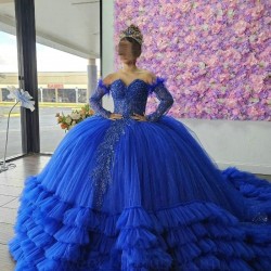 Sweetheart Blue Long Sleeved Quinceanera Dress 2024 Lace Beads Tull Tiered Ball Gown Charro Mexican Dress vestidos de 15