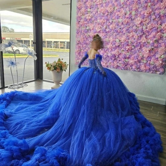 Sweetheart Blue Long Sleeved Quinceanera Dress 2024 Lace Beads Tull Tiered Ball Gown Charro Mexican Dress vestidos de 15