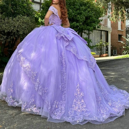 Sweetheart Lavender Ball Gown Quinceanera Dresses Off The Shoulder Vestido De 15 Anos Appliques Lace Beads Tull Sweet 16 Dress