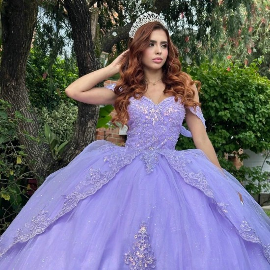 Sweetheart Lavender Ball Gown Quinceanera Dresses Off The Shoulder Vestido De 15 Anos Appliques Lace Beads Tull Sweet 16 Dress