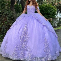 Sweetheart Lavender Ball Gown Quinceanera Dresses Off The Shoulder Vestido De 15 Anos Appliques Lace Beads Tull Sweet 16 Dress