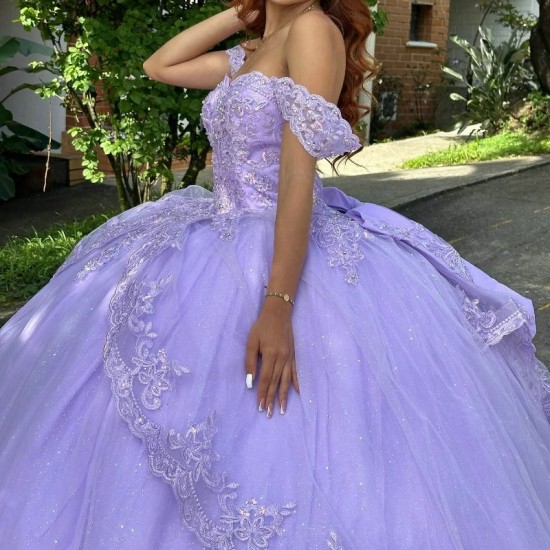 Sweetheart Lavender Ball Gown Quinceanera Dresses Off The Shoulder Vestido De 15 Anos Appliques Lace Beads Tull Sweet 16 Dress