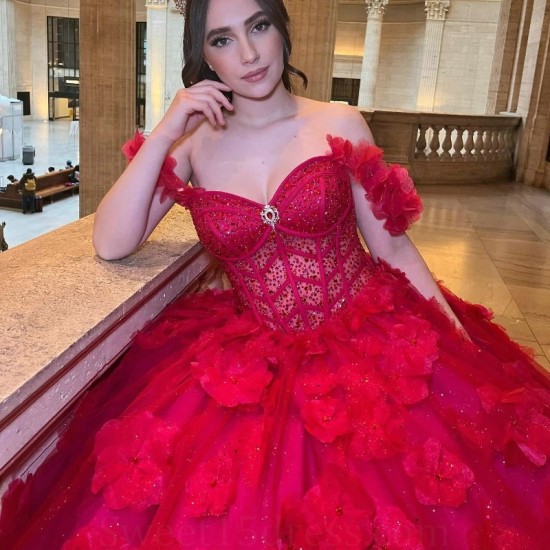 Sweetheart Red Ball Gown Quinceanera Dresses Off The Shoulder Flower Beads Corset Vestido De 15 Anos Sweet 16