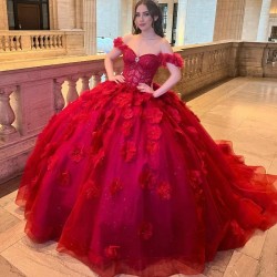 Sweetheart Red Ball Gown Quinceanera Dresses Off The Shoulder Flower Beads Corset Vestido De 15 Anos Sweet 16