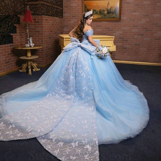 Sweetheart Sky Blue Quinceanera Dress Off Shoulder Bow Beading Tull Ball Gown Corset Sweet 16 Vestidos De 15 Anos