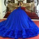 Tiered Royal Blue Shiny Quinceanera Dresses Ball Gown Off The Shoulder Lace Beads Tull Vestidos De 15 Princess Party Sweet 16