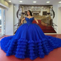 Tiered Royal Blue Shiny Quinceanera Dresses Ball Gown Off The Shoulder Lace Beads Tull Vestidos De 15 Princess Party Sweet 16