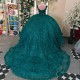 V Neck Emerald Green Sequin Appliques Off The Shoulder Quinceanera Dress Ball Gown 16 Sweep Train Tulle Princess Party Prom