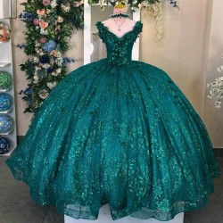 V Neck Emerald Green Sequin Appliques Off The Shoulder Quinceanera Dress Ball Gown 16 Sweep Train Tulle Princess Party Prom