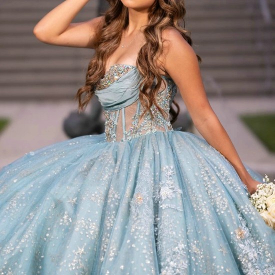 Water Blue Shiny Tassel Ball Gown Quinceanera Dress Off The Shoulder Sequined Lace Beads Crystal Tull Vestidos De 15 Anos