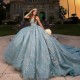 Water Blue Shiny Tassel Ball Gown Quinceanera Dress Off The Shoulder Sequined Lace Beads Crystal Tull Vestidos De 15 Anos