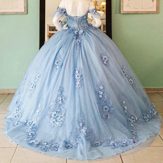 Women Sky Blue Shiny Ball Gown for Quinceanera Dresses 3D Flowers Beads Appliques Tull Corset Vestidos 15 De XV Anos