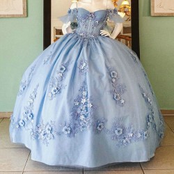 Women Sky Blue Shiny Ball Gown for Quinceanera Dresses 3D Flowers Beads Appliques Tull Corset Vestidos 15 De XV Anos